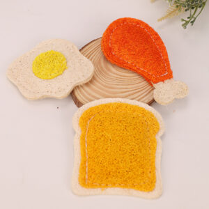 Fried egg, chicken leg, slices of bread, cat toy